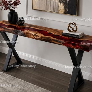 Handcrafted Red Epoxy River Console Table – Walnut Live Edge Sofa Table for Modern Luxury Interiors Handmade Epoxy River Entryway Tabletop |