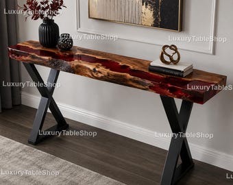 Handcrafted Red Epoxy River Console Table – Walnut Live Edge Sofa Table for Modern Luxury Interiors Handmade Epoxy River Entryway Tabletop |