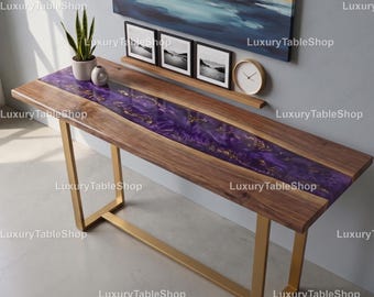 Purple Galaxy Epoxy River Console Table – Live Edge Wood Sofa Table with Gold Legs – Modern Entryway Hallway Resin Table