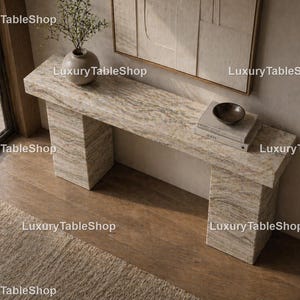 Luxury Travertine Console Table – Modern Stone Entryway Table, Minimalist Marble Sofa Table, Handmade Contemporary Hallway Tabletop |