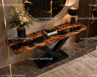 Luxury Walnut River Console Table, Black Epoxy Live Edge Entryway Table, Modern Designer Hallway Furniture, Custom Statement Console Table |