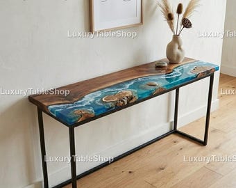 Luxury Coastal Resin Console Table – Walnut Ocean Epoxy River Sofa Table Modern Beach House Decor Handmade Ocean Wave Epoxy Console Table |