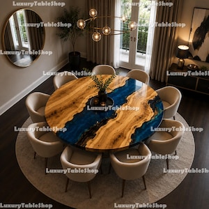 Round Walnut Epoxy River Table, Blue Resin Coffee Table, Live Edge Wood Table, Luxury Handmade Dining Furniture River Dining Tabletop |