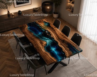 Live Edge Walnut Epoxy River Table, Blue Resin Table, Custom Kitchen Table, Luxury Rustic Dining Room Furniture, Handmade Wood Table |