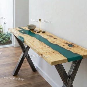 Live Edge Wood & Teal Epoxy River Console Table Top – Handcrafted Entryway Table, Modern Hallway Accent, Durable Statement Console Table |