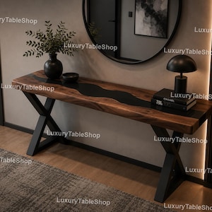 Walnut Live Edge River Console Table – Black Epoxy Hallway Entryway Furniture