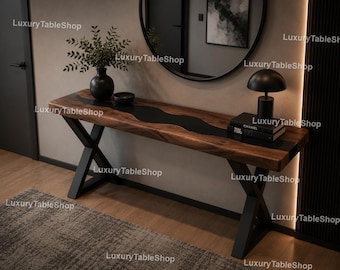 Modern Walnut River Console Table – Black Epoxy Resin Hallway Table, Handmade Luxury Entryway Handcrafted Walnut Live Edge Console Table |
