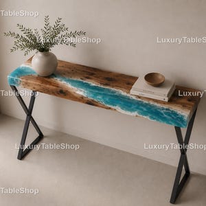 Luxury Ocean Epoxy River Console Table, Handmade Live Edge Walnut Entryway Table Coastal Blue Resin Hallway Entryway Console Tabletop |