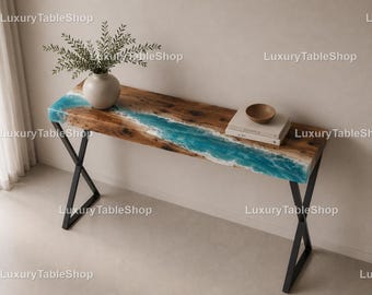 Luxury Ocean Epoxy River Console Table, Handmade Live Edge Walnut Entryway Table Coastal Blue Resin Hallway Entryway Console Tabletop |