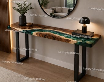 Walnut Live Edge Epoxy River Console Table – Emerald Ocean Entryway Sofa Table
