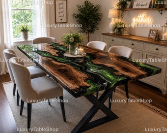 Green Epoxy River Dining Table, Live Edge Walnut Wood Kitchen Table, Custom Resin Living Room Table, Large Luxury Meeting Tabletop |