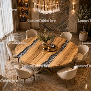 Live Edge ronde eettafel van olijfhout, zwarte hars, rivier, luxe epoxymeubels