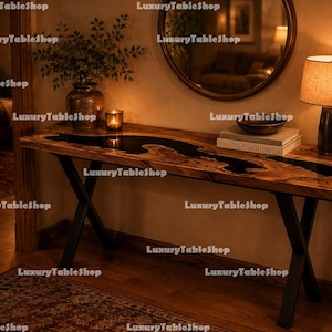 Live Edge Walnut Epoxy River Console Table, Black Resin Entryway Table, Handmade Hallway Accent Furniture Entryway Sofa Console Table