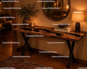 Live Edge Walnut Epoxy River Console Table, Black Resin Entryway Table, Handmade Hallway Accent Furniture Entryway Sofa Console Table