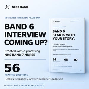 Peut inclure: Un manuel numérique PDF blanc intitulé NHS Nurse Interview Playbook Band 6 Starts With Your Story. La couverture présente du texte noir, le logo Next Band et indique 56 questions d'entraînement, 8 invites d'histoire et un plan de 7 jours.
