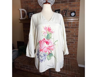 W By Worth Tunic Women Cream Silk Watercolor Floral V-Neck 3/4 Sleeve Small