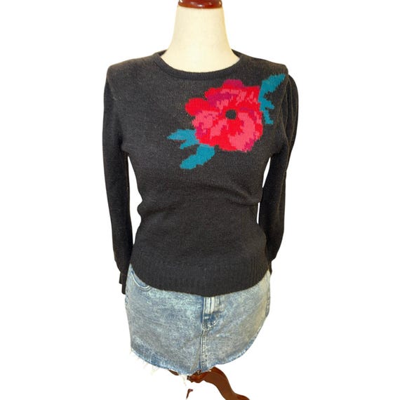 Halston, Vintage Halston Floral Sweater Exaggerated Shoulders Knit Top Size M