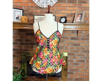 Body damskie Victoria's Secret z wielokolorowym kwiatowym wzorem i prześwitującą peplum w stylu vintage M z lat 90.