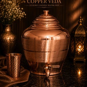 May include: A polished copper water pot with a tiered lid and a metal spigot at the base. The pot features horizontal brushed bands and is accompanied by a matching hammered copper tumbler. Text on the pot reads COPPER VEDA LUXURY COPPER WATER POT.