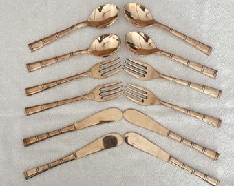 12-Piece Pure Copper Flatware Set, Bamboo-Style Handles, Kitchen Utensils