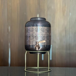 Pure Copper Hammered Water Pot with Brass Stand – Joint-Free Dispenser for Healthy Storage