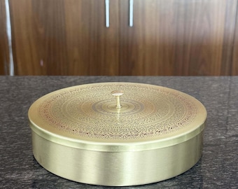 Embossed Brass Spice Masala Box – Indian Spice Kitchen Ware, Handcrafted Container