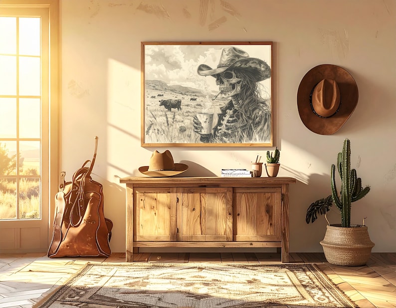 May include: A framed black and white print of a cowboy skeleton in a hat, holding a cup, with cows in the background. A brown cowboy hat hangs on the wall. A wooden cabinet holds a hat, books, and small potted plants. A leather bag leans against the wall.