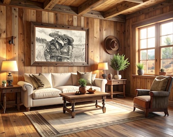 Skeleton Cowboy & Wife Gothic Art Print: Rustic Western Portrait (PDF Download)