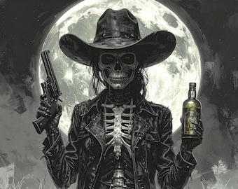 Skeleton Cowgirl Art Print: Gothic Western Pencil Drawing (Digital Download)