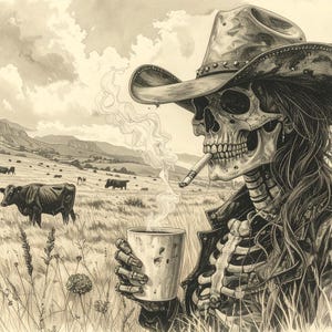 May include: A sepia-toned illustration depicts a skeletal figure in a cowboy hat and jacket, smoking a cigarette and holding a coffee cup. Cows graze in a field with mountains in the background. The artwork has a detailed, artistic style.