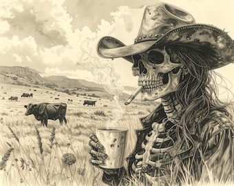 Skeleton Cowgirl Art Print: Gothic Western Decor (Digital Download PDF)