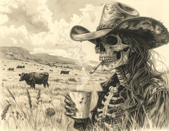 Skeleton Cowgirl Art Print: Gothic Western Decor (Digital Download PDF)