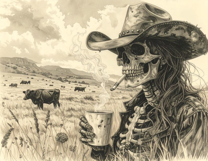 May include: A sepia-toned illustration depicts a skeletal figure in a cowboy hat and jacket, smoking a cigarette and holding a coffee cup. Cows graze in a field with mountains in the background. The artwork has a detailed, artistic style.