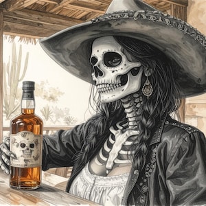 May include: Watercolor illustration of a skeleton wearing a sombrero and black jacket, holding a bottle of liquor with a skull label. A glass of amber liquid sits nearby. The scene is set in a rustic outdoor setting.