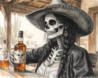 Skeleton Woman Drinking Whiskey Print: Rustic Western Art (Digital Download PDF)