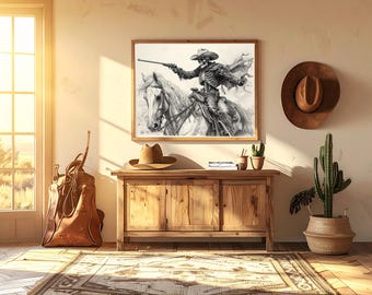 Skeleton Cowboy on Horse Art Print: Western Gothic Decor (Digital Download)