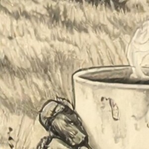 May include: A black and white painting of a dog drinking water from a metal bucket. The dog is white with black markings. The bucket is gray and has a handle. The background is a field of tall grass.