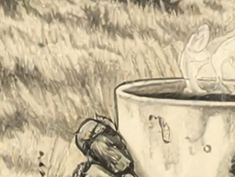 May include: A black and white painting of a dog drinking water from a metal bucket. The dog is white with black markings. The bucket is gray and has a handle. The background is a field of tall grass.