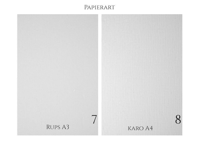 May include: Two white paper sheets labeled PAPIERART. The left sheet is marked RUPS A3 with the number 7. The right sheet features a vertical lined texture and is marked KARO A4 with the number 8. Both are rectangular and white.