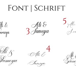 May include: A digital display titled FONT | SCHRIFT featuring six distinct black cursive calligraphy styles numbered one through six. Each option showcases the names Ali & Sumeya in varying script weights and flourishes, with a small gold AM logo at the bottom right.