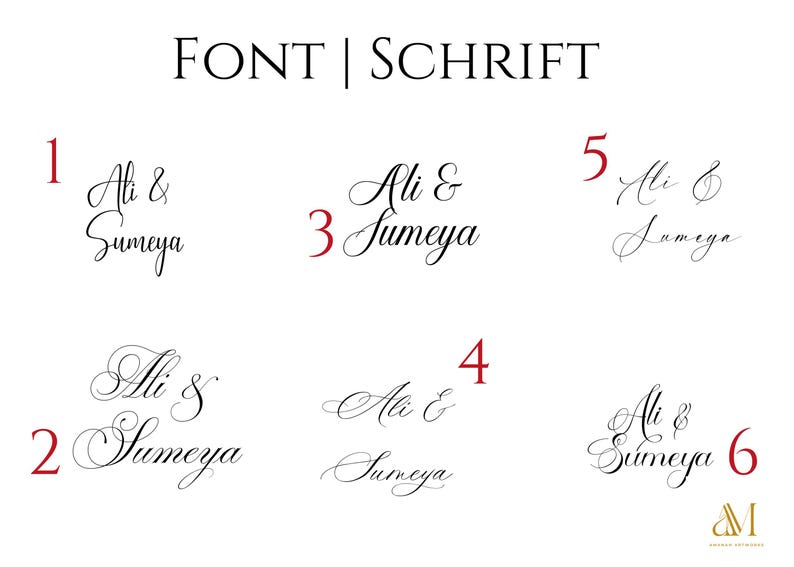 May include: A digital display titled FONT | SCHRIFT featuring six distinct black cursive calligraphy styles numbered one through six. Each option showcases the names Ali & Sumeya in varying script weights and flourishes, with a small gold AM logo at the bottom right.