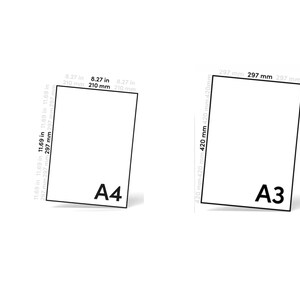 May include: Two white rectangular paper sheets labeled A4 and A3. The A4 sheet measures 8.27 inches by 11.69 inches. The A3 sheet is larger, with dimensions clearly marked as 297 mm by 420 mm. Both sheets are displayed against a plain background.