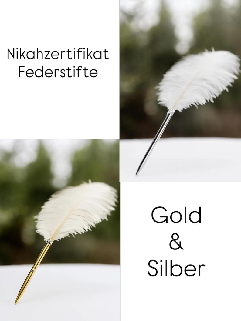 May include: Two feather pens with white plumes, one featuring a silver-toned metal barrel and the other a gold-toned metal barrel. The text Nikahzertifikat Federstifte and Gold & Silber is displayed in the image.