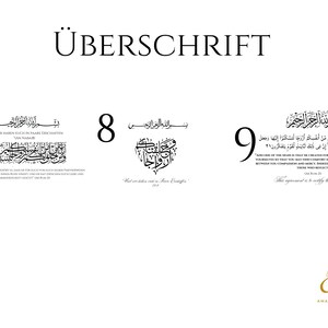May include: A white document titled &Uuml;BERSCHRIFT featuring three numbered sections, 7, 8, and 9, each displaying black Arabic calligraphy, English translations, and religious text. The bottom right corner displays a gold AM logo and AMANAH ARTWORKS text.