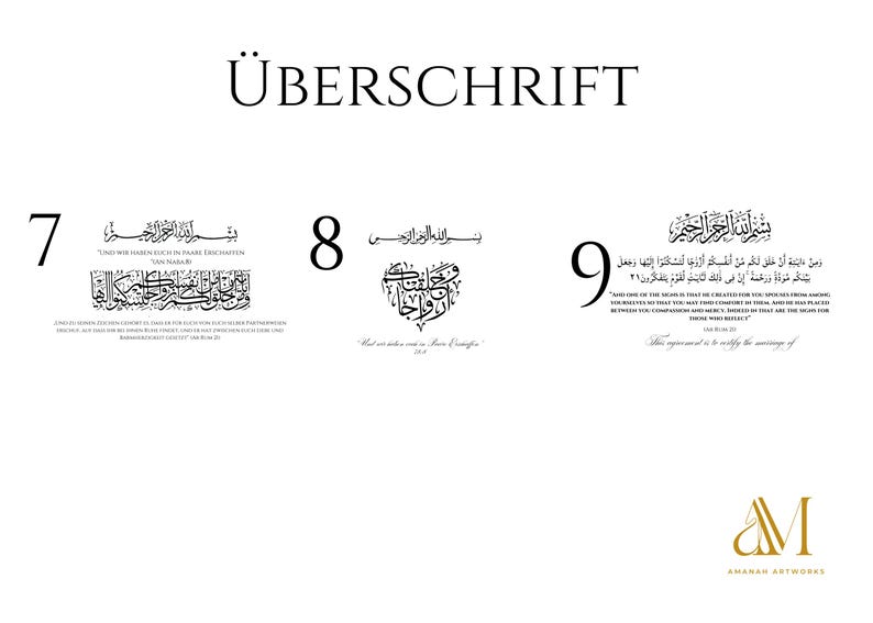 May include: A white document titled &Uuml;BERSCHRIFT featuring three numbered sections, 7, 8, and 9, each displaying black Arabic calligraphy, English translations, and religious text. The bottom right corner displays a gold AM logo and AMANAH ARTWORKS text.