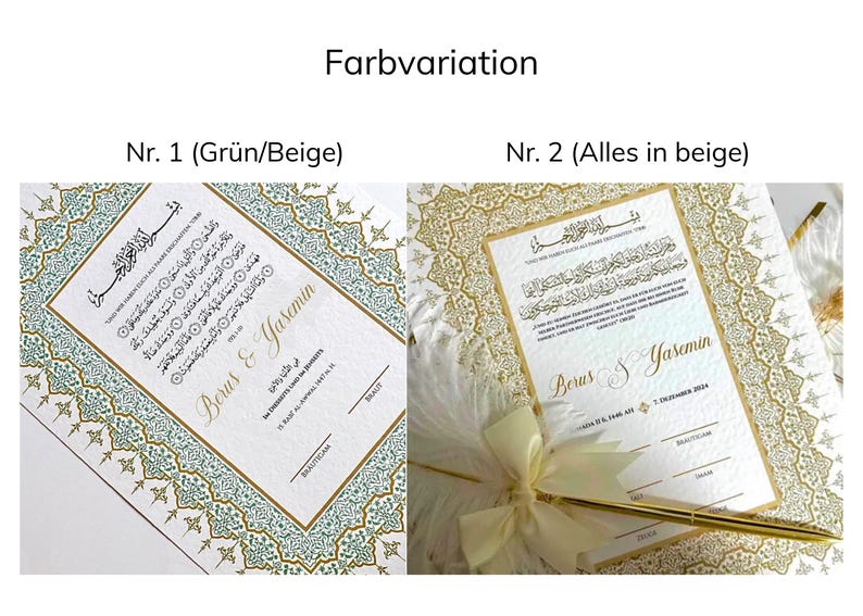 May include: Two rectangular wedding invitation cards with ornate borders and Arabic calligraphy. The left card features a teal and gold border, while the right card has a gold border and includes a white feather pen with a ribbon.