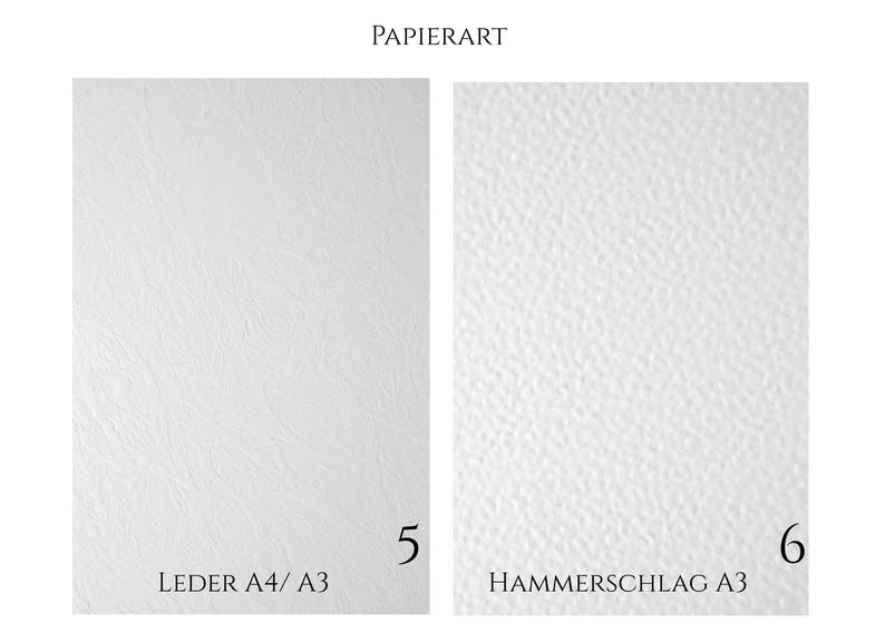 May include: Two white paper sheets labeled PAPIERART. The left sheet, labeled 5 and LEDER A4/ A3, has a smooth, subtle leather-like texture. The right sheet, labeled 6 and HAMMERSCHLAG A3, features a distinct, bumpy, hammered surface texture.
