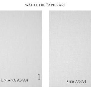 May include: Two white paper samples labeled W&Auml;HLE DIE PAPIERART. Sample 1 is labeled LNIANA A3/A4 and sample 2 is labeled SIEB A3/A4. Both rectangular sheets feature a subtle, fine-grained texture across their surfaces.