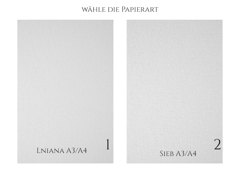 May include: Two white paper samples labeled W&Auml;HLE DIE PAPIERART. Sample 1 is labeled LNIANA A3/A4 and sample 2 is labeled SIEB A3/A4. Both rectangular sheets feature a subtle, fine-grained texture across their surfaces.
