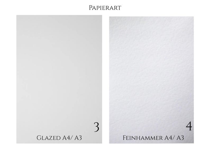 May include: Two rectangular sheets of white paper labeled PAPIERART. The left sheet is smooth and marked with the number 3 and text GLAZED A4/ A3. The right sheet has a textured surface and is marked with the number 4 and text FEINHAMMER A4/ A3.
